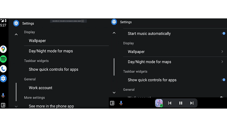 Settings menu for Android Auto, displaying options like Wallpaper, Day/Night mode, and Work account. Settings menu for Android Auto, displaying options like Wallpaper, Day/Night mode, and Work account.