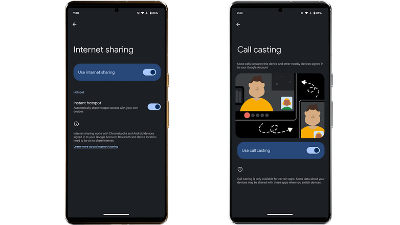 Screenshots zeigen die Instant-Sharing- und Call-Casting-Funktionen unter Android