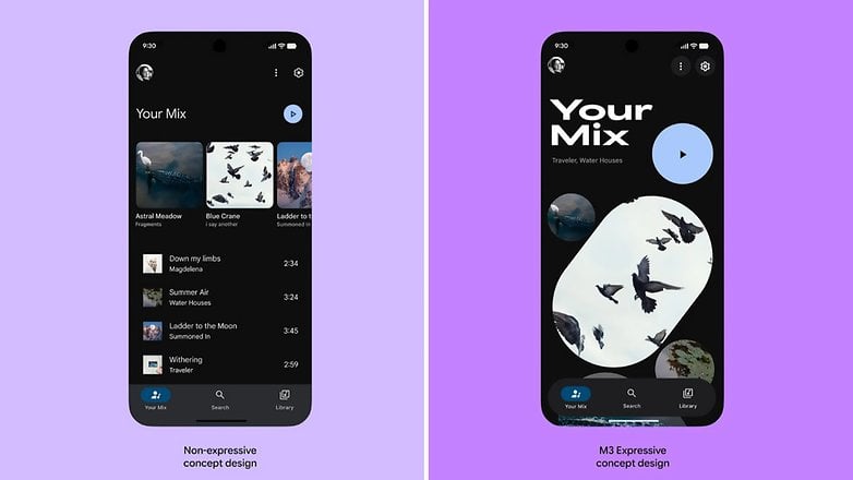 Two smartphone screens showcasing music apps in different design styles. Two smartphone screens showcasing music apps in different design styles.