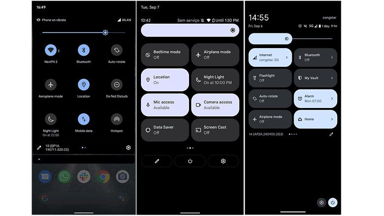 Screenshots der verschiedenen Schnelleinstellungen in unterschiedlichen Android-Versionen