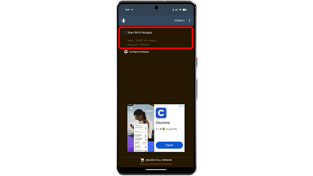Android phone displaying Wi-Fi hotspot settings with checkbox for 'Start Wi-Fi Hotspot' and password.