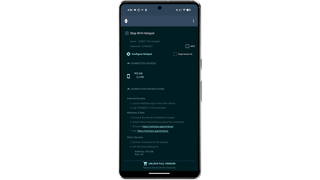 Android phone displaying Wi-Fi hotspot settings, including network name and password.