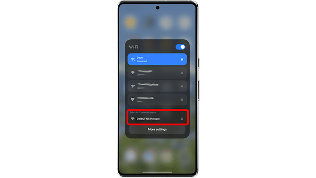 Android smartphone displaying Wi-Fi settings with 'DIRECT-N5-Hotspot' highlighted.