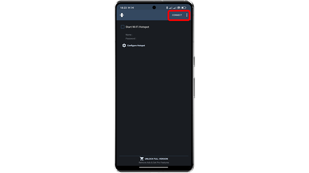 Android smartphone screen showing Wi-Fi hotspot settings with 'CONNECT' button highlighted.