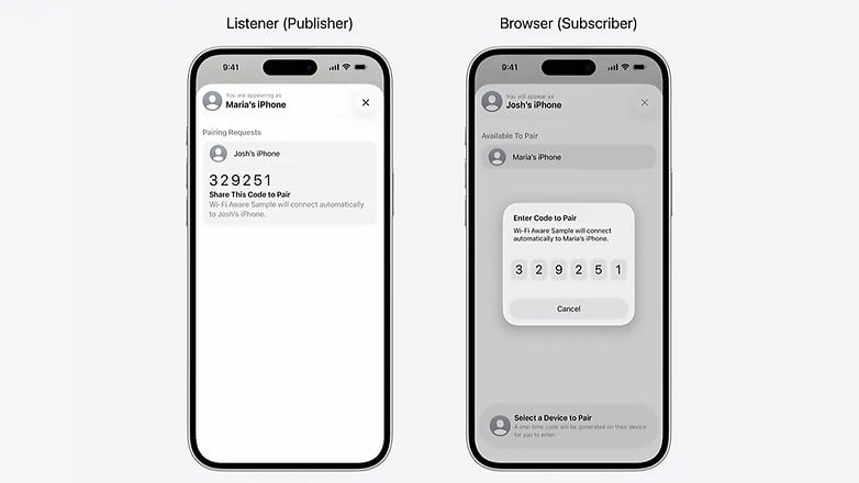 Two iPhones displaying pairing requests: one shows 'Maria's iPhone' and the other 'Josh's iPhone' with a code. Two iPhones displaying pairing requests: one shows 'Maria's iPhone' and the other 'Josh's iPhone' with a code.