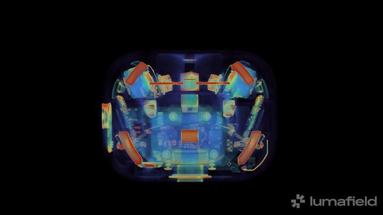X-ray image of the Apple AirPods Pro 3 case showing internal components.