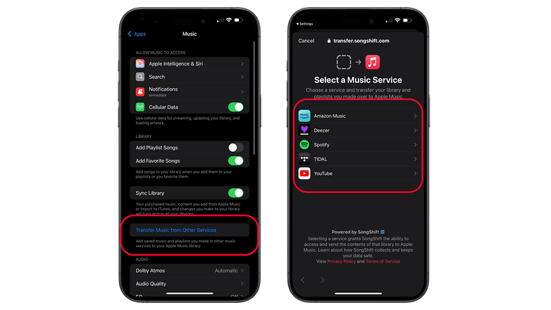 Két iPhone képernyő, amely megjeleníti a zenei beállításokat és az átviteli lehetőségeket az Apple Music -ra. Két iPhone képernyő, amely megjeleníti a zenei beállításokat és az átviteli lehetőségeket az Apple Music -ra.
