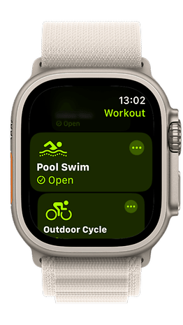 Apple Watch displaying workout options: Pool Swim and Outdoor Cycle, with the time showing 13:02.