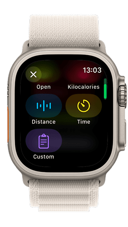 Tela do Apple Watch exibindo opções para distância, tempo, quilocalorias e configurações personalizadas.