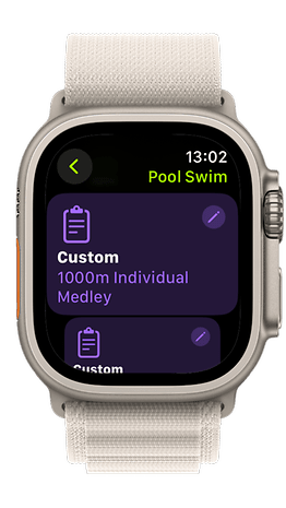 Apple Watch display showing 'Pool Swim' with a custom 1000m Individual Medley workout.