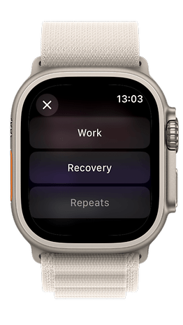 Apple Watch displaying options: Work, Recovery, Repeats, with the time showing 13:03.