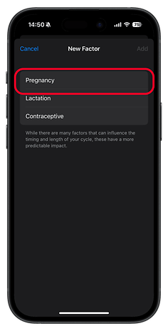 Apple Watch screen displaying options for New Factor: Pregnancy, Lactation, and Contraceptive.