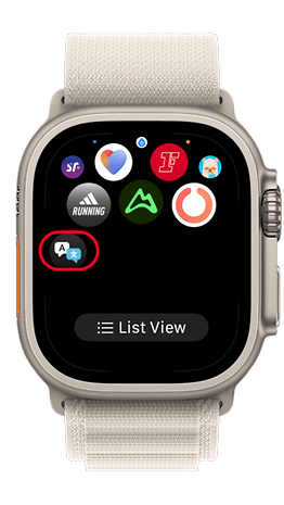 Apple Watch displaying various app icons with a focus on a translation app icon.