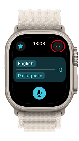 Apple Watch displaying language options: English and Portuguese, with a time of 13:08 and a settings icon.