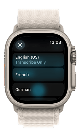 Apple Watch displaying language options: English (US), French, German.