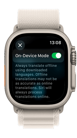 An Apple Watch displaying language options: English (US), French, German.