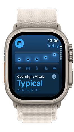 A close-up of an Apple Watch displaying health metrics, including overnight vitals and a graph.