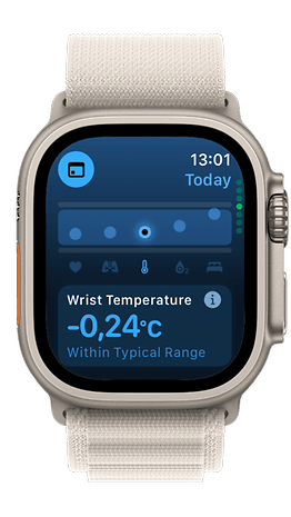 An Apple Watch displaying wrist temperature of -0.24°C, within typical range.