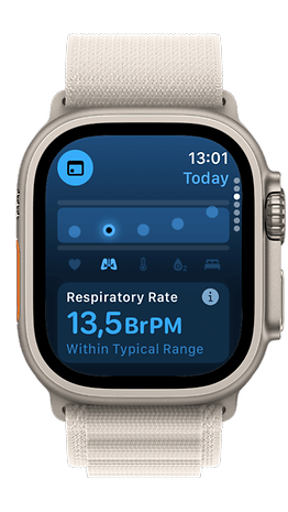 Apple Watch exibindo a taxa respiratória: 13,5 BrPM, dentro da faixa típica.