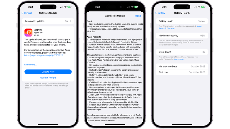 Apple iOS 17.4: Changelog and screenshot of the battery dialo