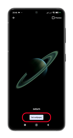 Xiaomi-Handy zeigt Saturn-Hintergrundbild mit der Schaltfläche 'Hintergrundbild festlegen'.