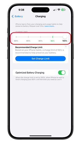 Die iPhone-Batterieeinstellungen zeigen die Optionen für die Ladebegrenzung.