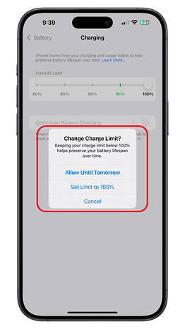 Die iPhone-Batterieeinstellungen zeigen die Optionen für die Ladegrenze.