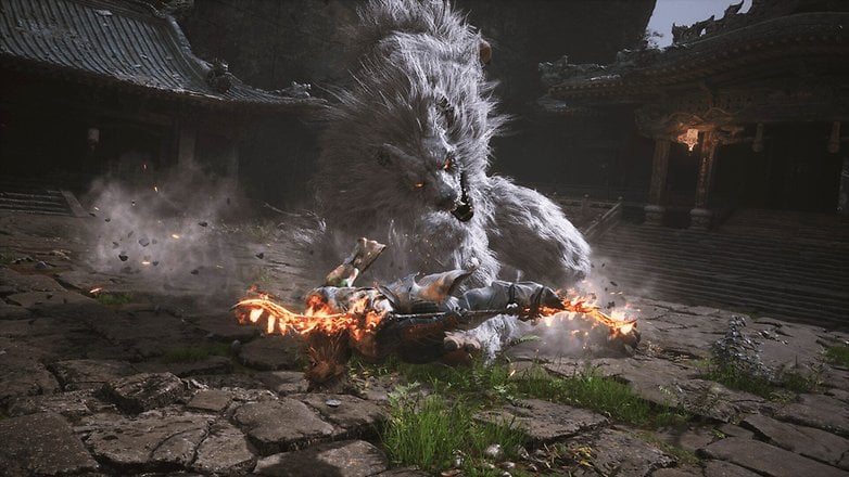 A fierce battle scene with a large, mythical wolf confronting a warrior wielding a flaming weapon in a temple setting. A fierce battle scene with a large, mythical wolf confronting a warrior wielding a flaming weapon in a temple setting.
