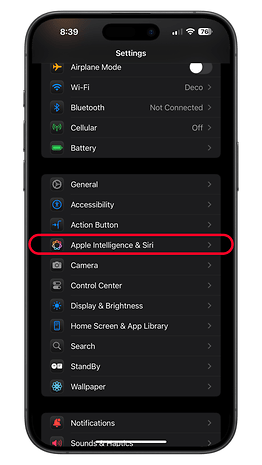 A smartphone displaying the Settings menu with 'Apple Intelligence & Siri' highlighted.