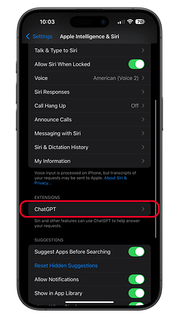 Settings menu on an iPhone displaying 'ChatGPT' under 'Extensions'.