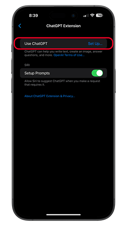 ChatGPT Extension settings on a smartphone with 'Use ChatGPT' and 'Setup Prompts' options.