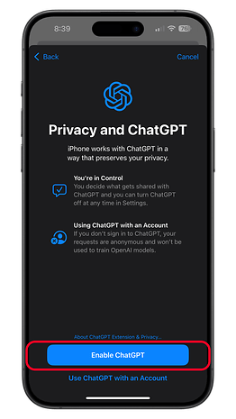 Privacy settings for ChatGPT on an iPhone with an 'Enable ChatGPT' button.