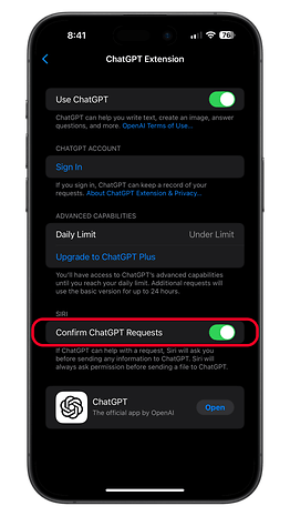 ChatGPT Extension settings on a smartphone, featuring options for using ChatGPT and confirming Siri requests.