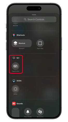A smartphone screen displaying Siri options, including 'Type to Siri'.