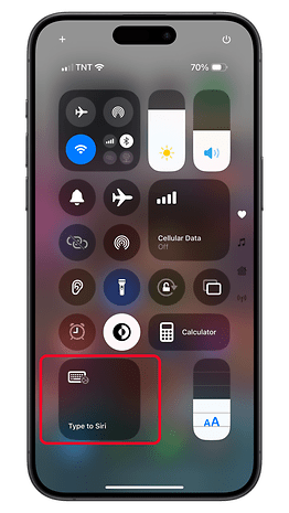 Control Center on an iPhone showing 'Type to Siri' option highlighted.