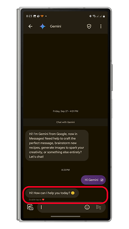 A mobile screen showing a chat with Gemini from Google Messages, asking how it can help today.