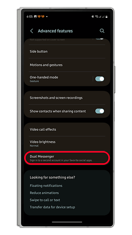 Settings screen showing 'Dual Messenger' feature for app cloning.