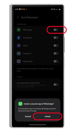 Settings screen for Dual Messenger, showing options to install a second copy of WhatsApp.