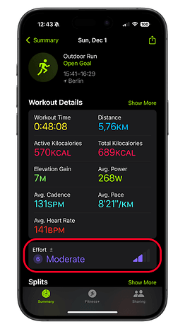 Apple Watch workout summary showing details for an outdoor run including time, distance, calories, and effort level.