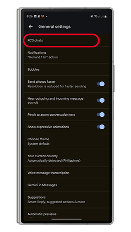 Settings screen of Google Messages featuring options for RCS chats and various chat settings.