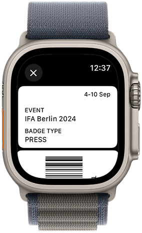 Apple Watch displaying an event badge for IFA Berlin 2024, showing event dates and press badge type.