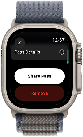 An Apple Watch displaying 'Pass Details' with options to 'Share Pass' and 'Remove'.