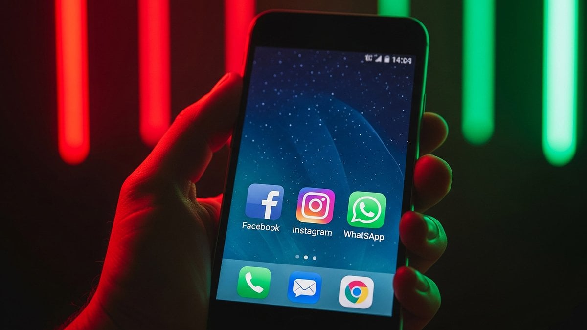Une main tenant un smartphone affichant Facebook, Instagram, WhatsApp et d'autres applications à l'écran.
