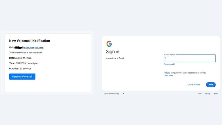 Fake Gmail login page with a voicemail notification message on the left.