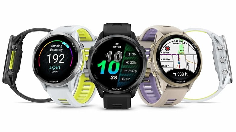Three Garmin Forerunner 970 smartwatches displaying various fitness metrics and navigation features. Three Garmin Forerunner 970 smartwatches displaying various fitness metrics and navigation features.