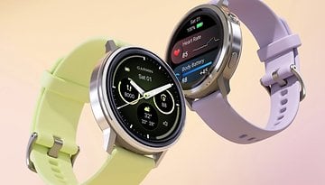 Two Garmin Venu 4 smartwatches in different colors, displaying fitness metrics and time.