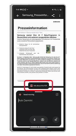 Samsung-Pressemitteilung zum One UI 7 Beta-Programm mit der Aufforderung „Fragt nach diesem PDF