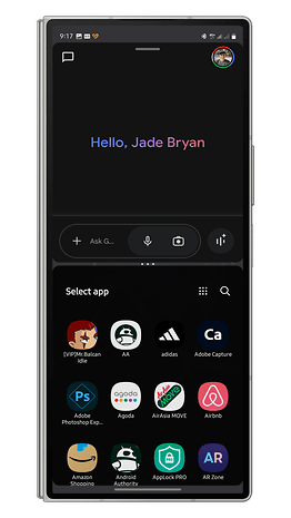 A smartphone screen displaying 'Hello, Jade Bryan' and various app icons.