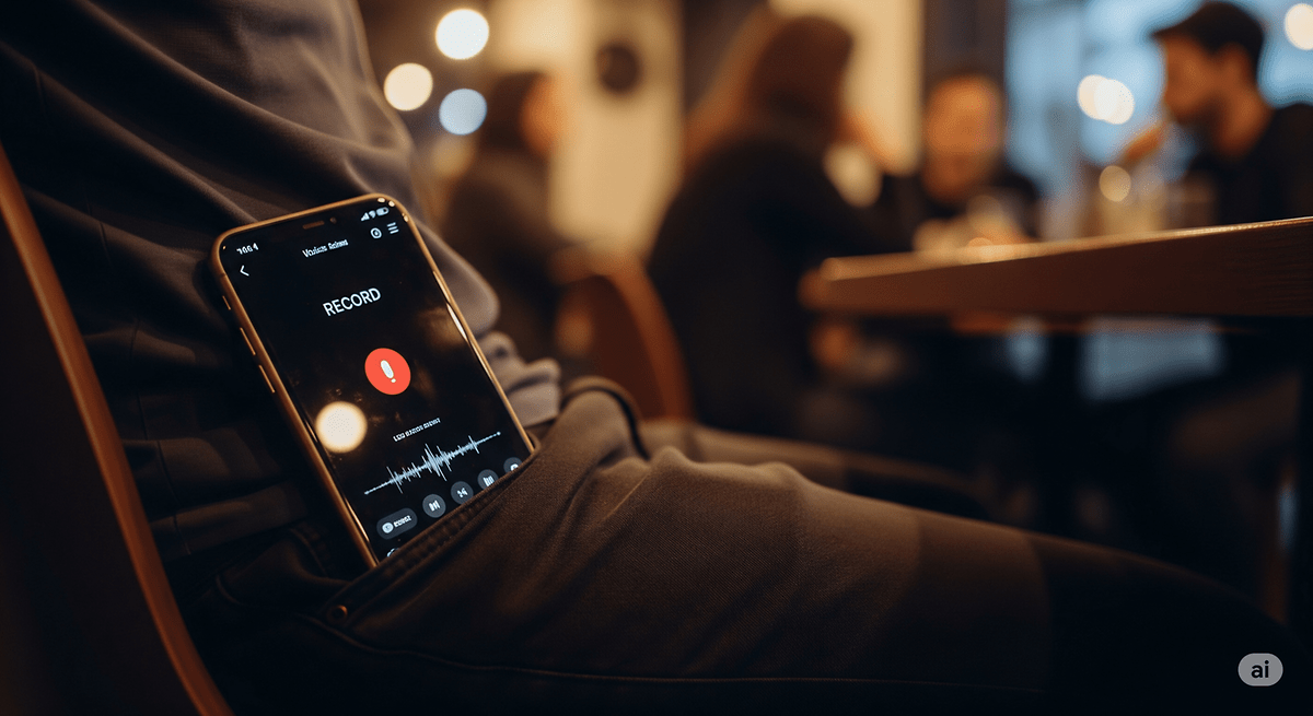 Un smartphone affichant une application d'enregistrement avec 'RECORD' et une forme d'onde sonore, dans la poche d'une personne.