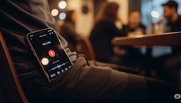 A smartphone displaying a recording app with 'RECORD' and a sound waveform, placed in a person's pocket.
